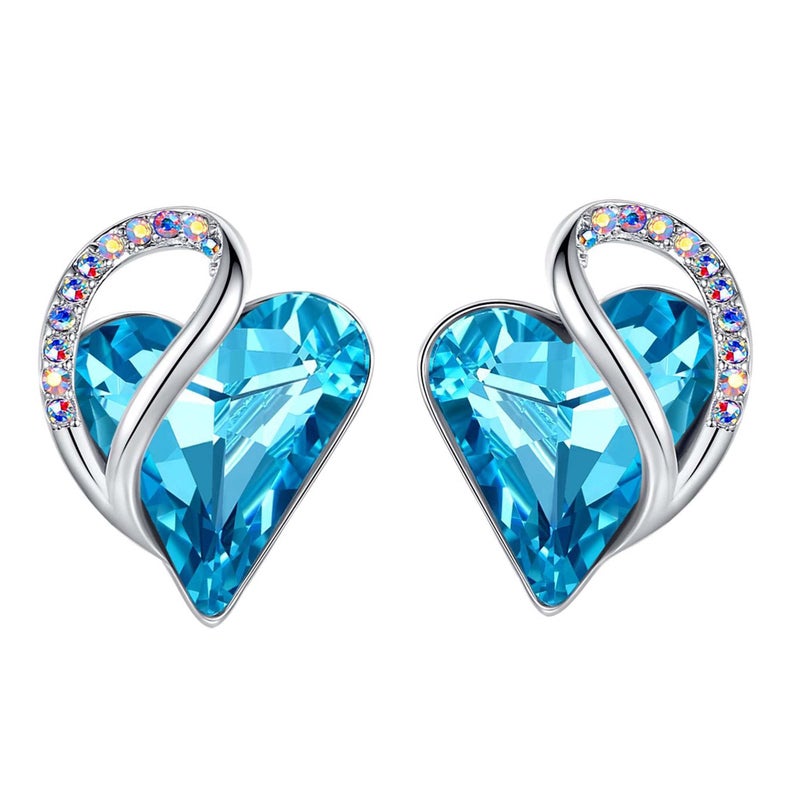 Leafael Heart Earrings for Women with Aquamarine Blue Birthstone Crystal for December, Sterling Silver Plated Heart Topaz Turquoise Color Valentine's Day Gifts for Mom, Wife, and Her - Image 1